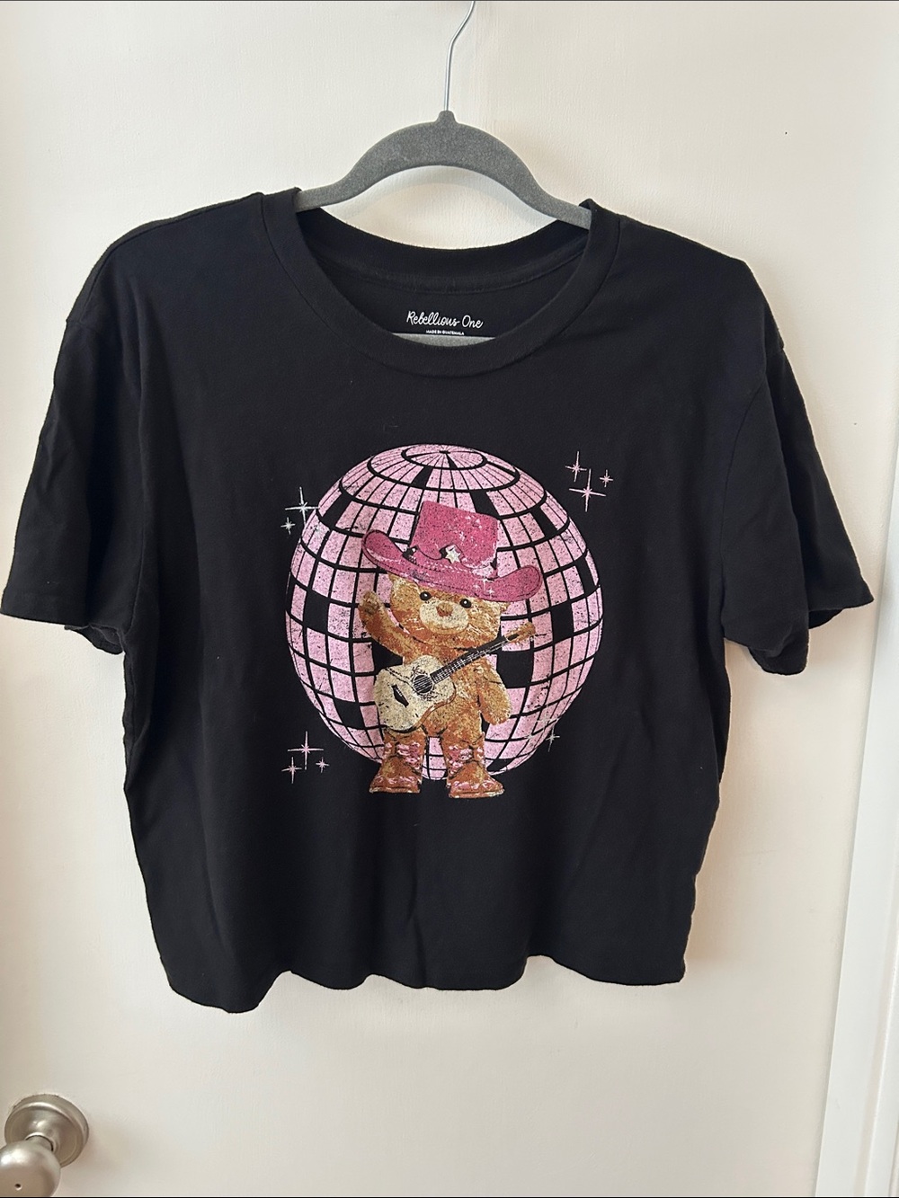 Rebellious One Black Tee with Pink Disco Bear Graphic